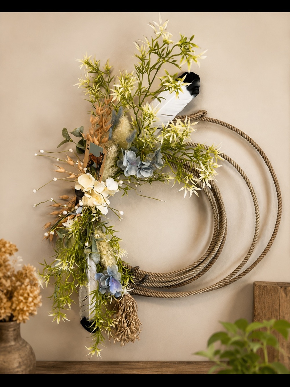 Rustic Western Lasso Rope Wreath | Neutral Cottage Ranch Decor | Hydrangea